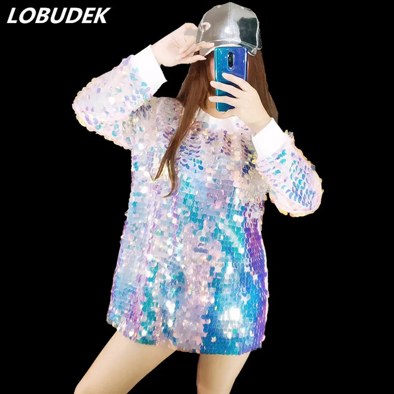 O-Neck Long Sleeve Colorful Sequins Female T-shirt Fashion Tide Loose Tops Nightclub Bar DJ Singer Jazz HIP HOP Stage T-shirts