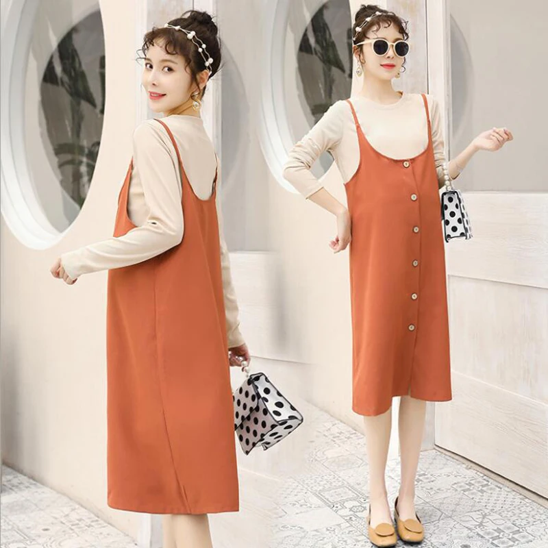 

Одежда для беременных из двух предметов платья для беременных Весенняя корейская мода футболка с длинным рукавом + длинное платье W039