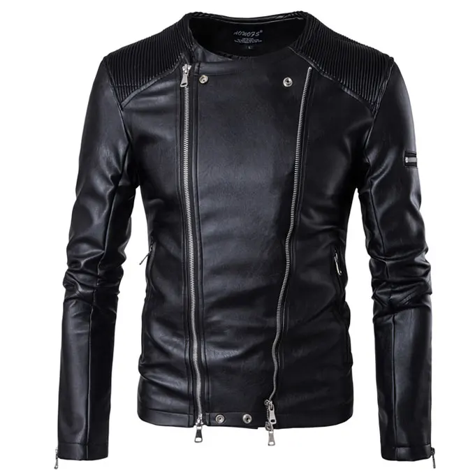 Black Мотоцикл кожаные куртки для мужчин осень зима Стенд воротник Slim Fit Multi застёжки молнии Байкер PU кожа мужская кожаная куртка и пальто 5XL - Цвет: Black