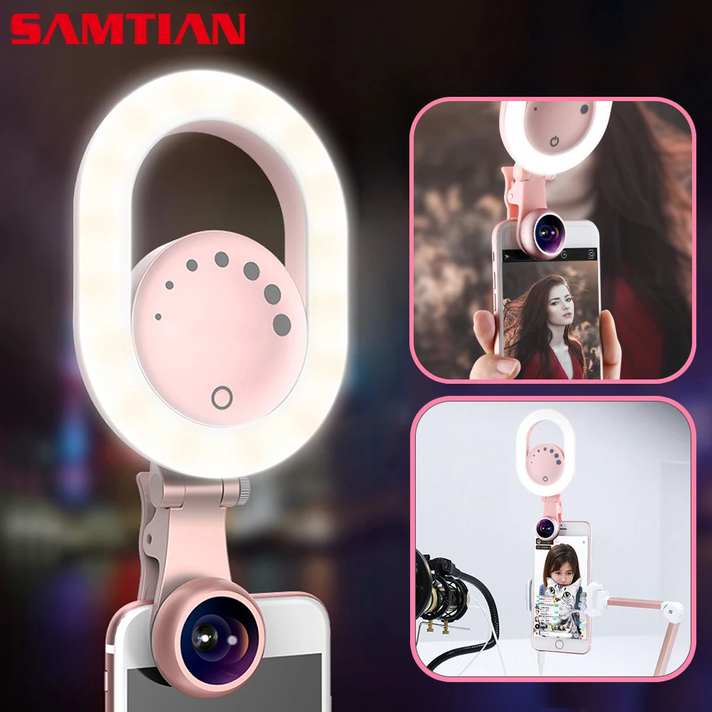 SAMTIAN светодиодное кольцо для селфи с широкоугольным макро объективом смартфона