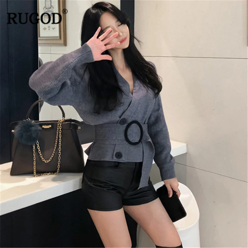 RUGOD корейский элегантный серый кардиган пальто для женщин сексуальный v-образный