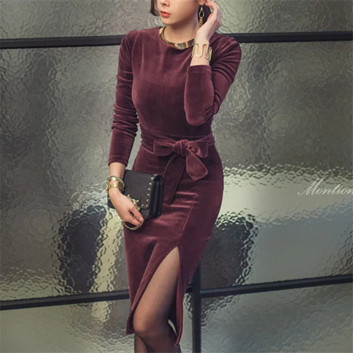 Осенние женские офисные бархатные черные фиолетовые вечерние платья