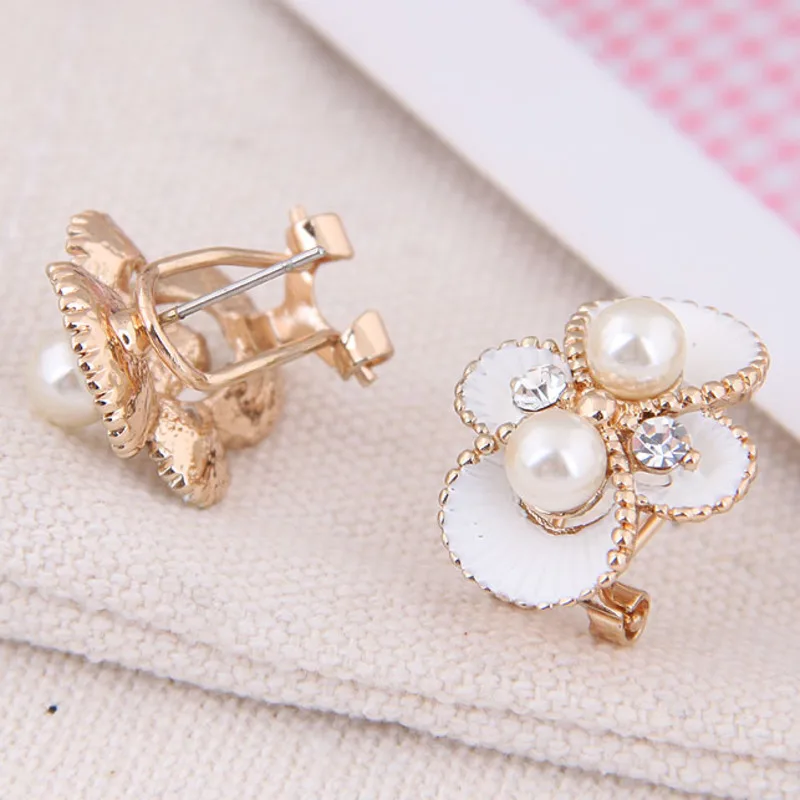 2019 New Trend Hot Sale Jewelry Korea Fashion Pearl Crystal Four Leaves Rose Stud Earrings Zircon | Украшения и аксессуары
