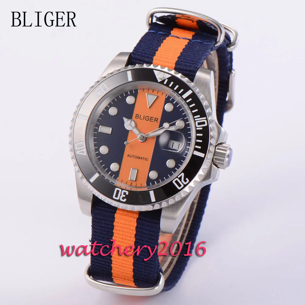 40 мм Bliger сапфировое стекло оранжевый синий циферблат нержавеющая сталь чехол
