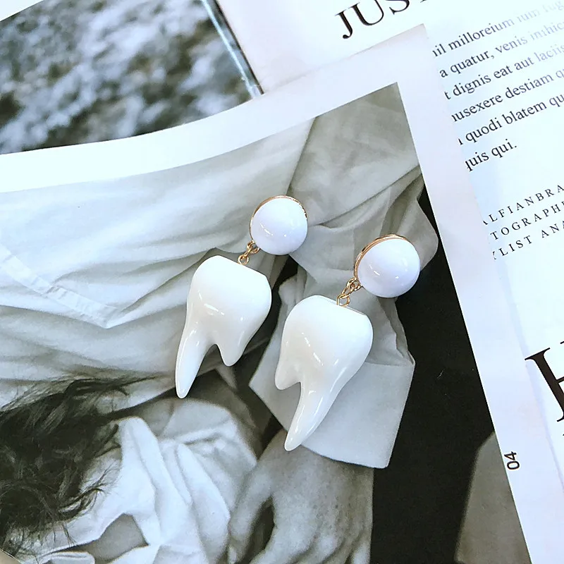 IGU 3cm Big Creative White Resin Acrylic Tooth Earrings Women Girls Personal Party Drop Wholesale Brincos | Украшения и