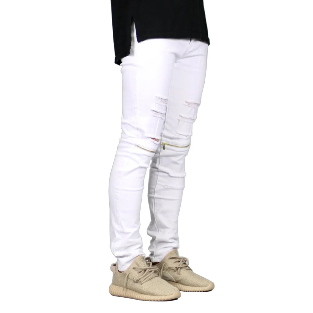 2017 Для мужчин обтягивающие джинсы стрейч Ripped destroyed колена Застёжки молнии хип хоп