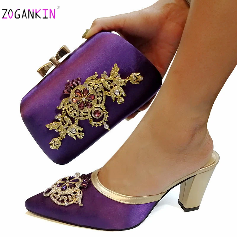 

Purple Color African Shoes With Matching Bags Set Nigerian Women's Party Shoes and Bag Sets High Slipper And Handbag