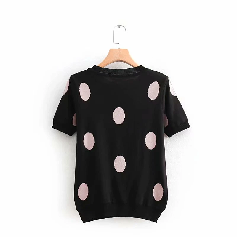 LUNDUNSHIJIA High Quality Short Sleeve Knitting Sweaters For Women 2019 Autumn Slim Pullover Top Circle Dots Female Sweater | Женская