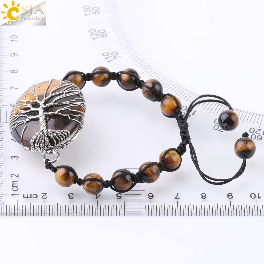 CSJA натуральные камни Wire wrap браслеты Тигровый глаз розовый кварц большой шарик Древо жизни плетение веревки браслет Рэйки для женщин мужчин F751