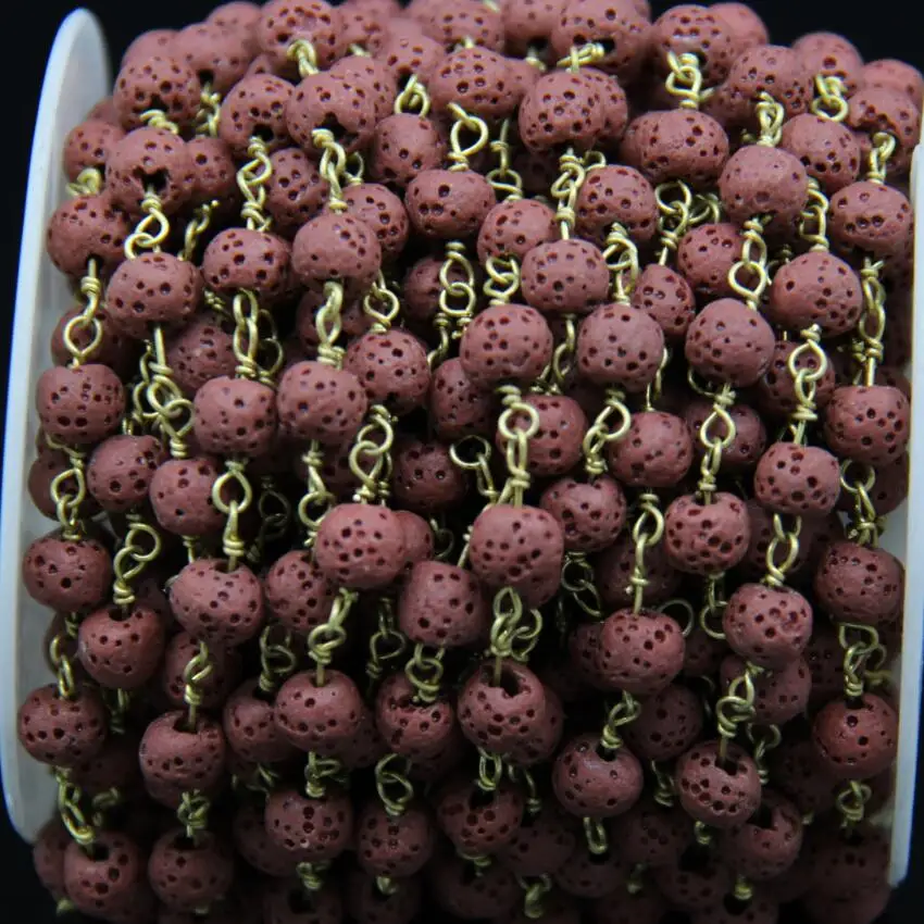 5Meters 6mm Natural Lava Bronze Copper Chain Red Volcano Rock Round bead Brass Wire Wrapped Rosary Style Charms | Украшения и