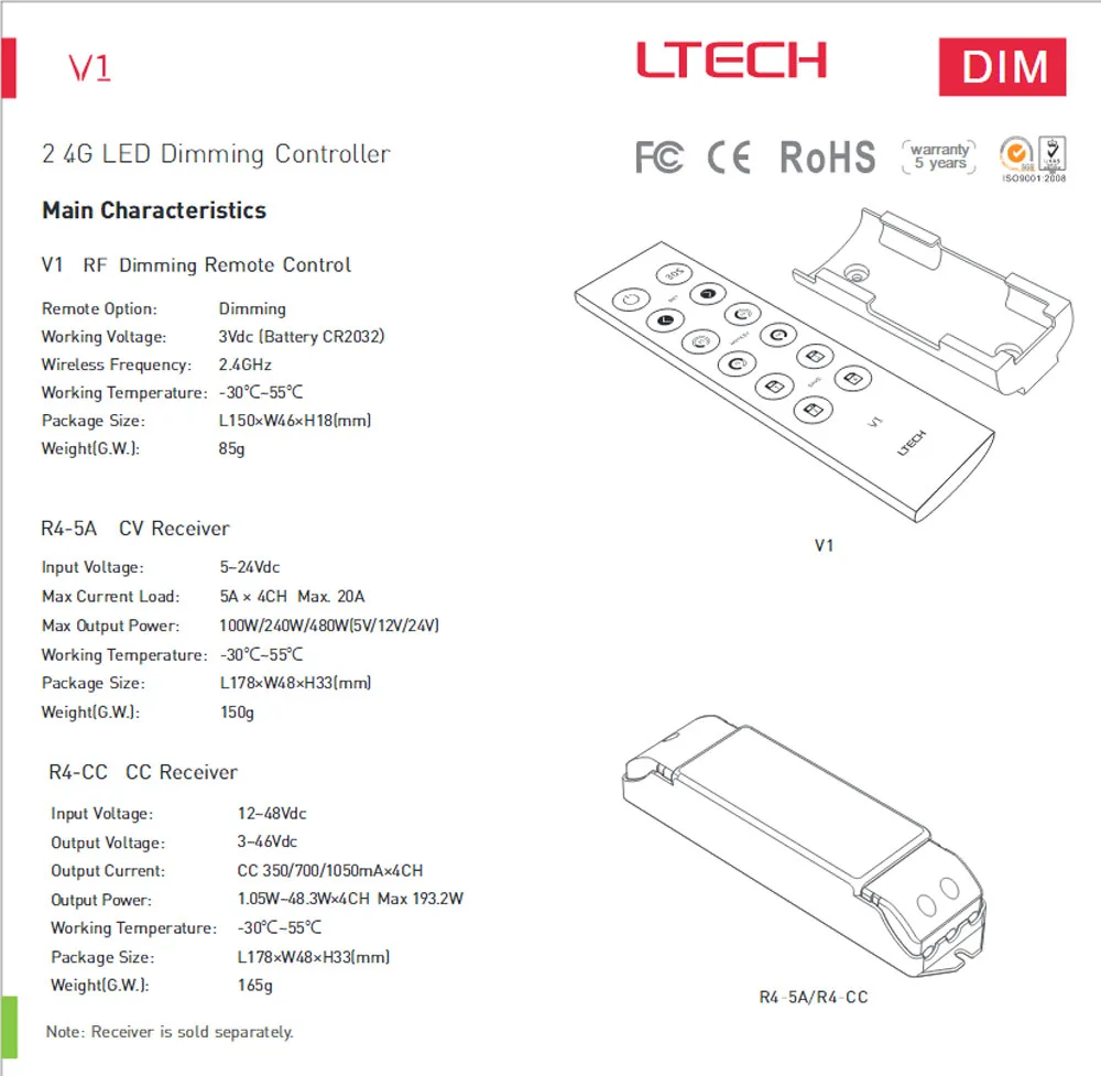 LTECH V1 2 4 г светодиодный RF затемнения с пультом дистанционного управления работает