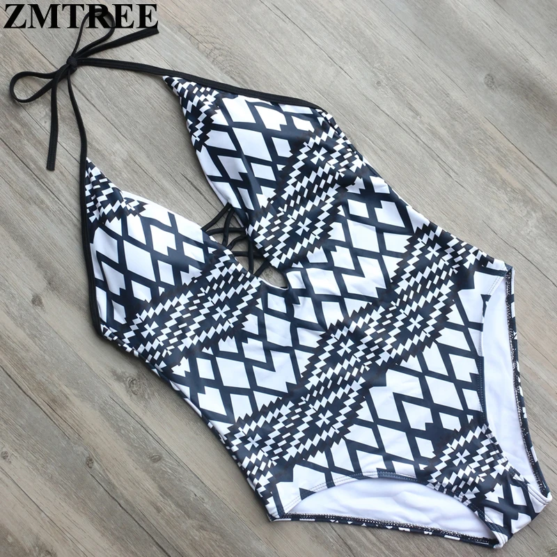 ZMTREE 2017 топ с лямкой на шее купальник женский цельный открытой спиной боди спереди