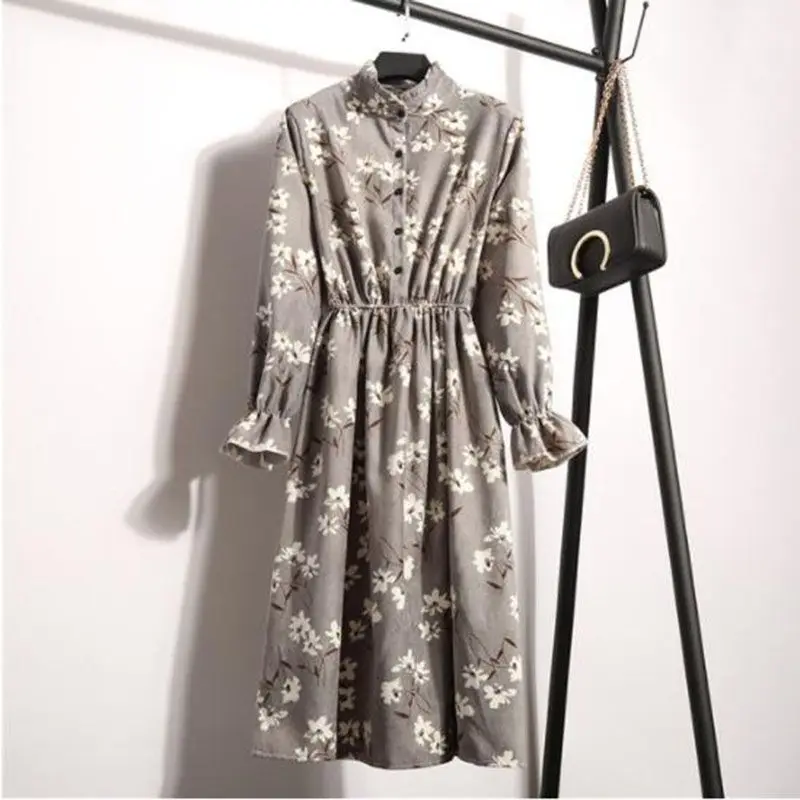 Женское вельветовое платье с длинным рукавом винтажное А силуэта эластичной