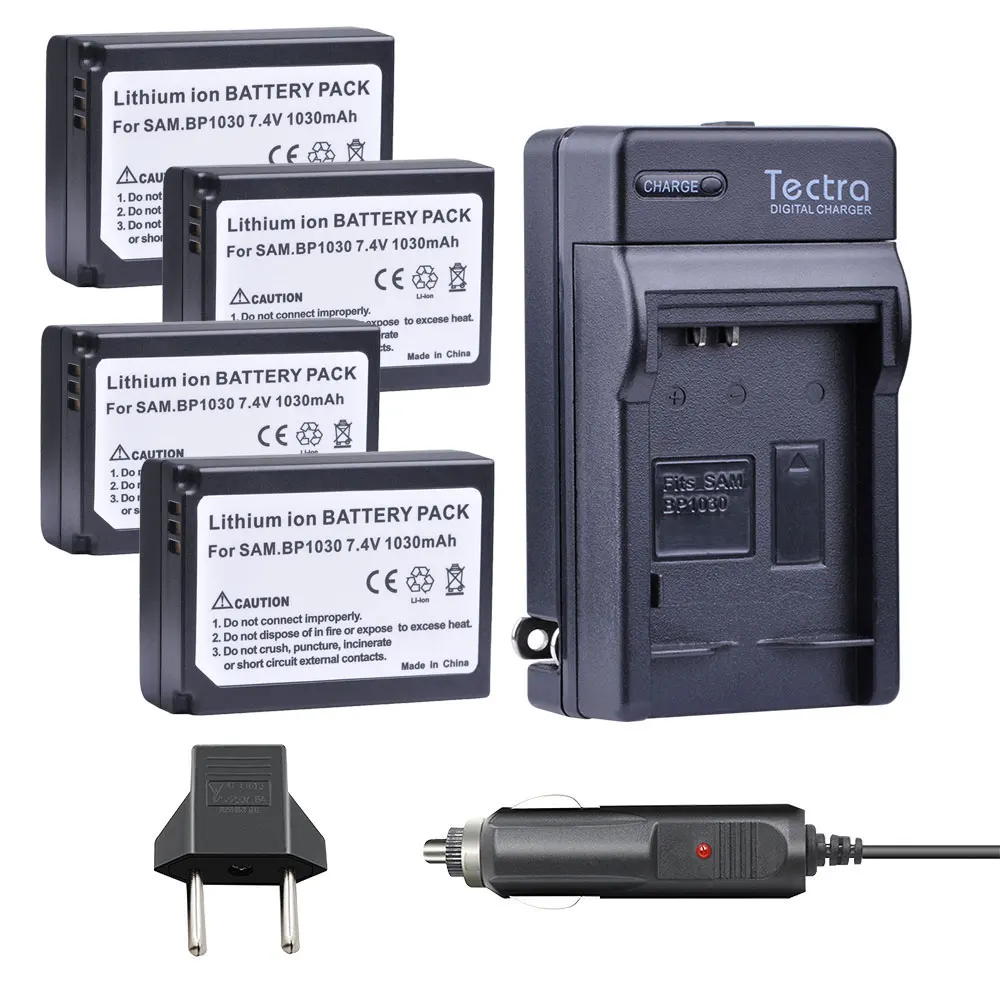 Tectra 4 шт. BP 1030 BP1030 батарея + Автомобильное зарядное устройство для Samsung NX200 NX210 NX300