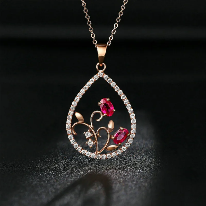 Ociki Rose Gold Color Waterdrop Flower Red Crystal Pendant Necklace Chokers Jewelry Wholesale for Women Girls Drop Shipping | Украшения и