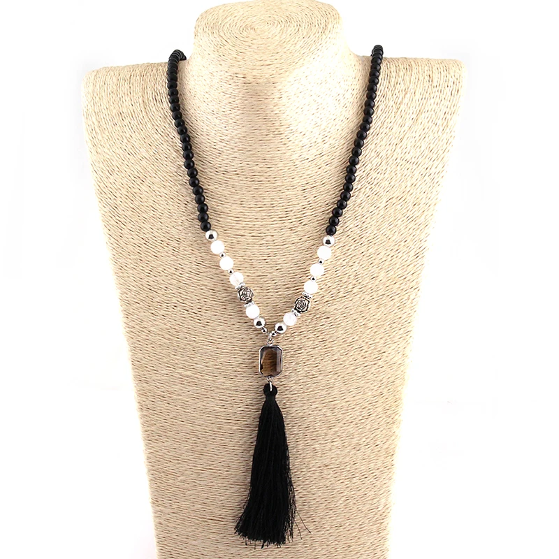 MOODPC модные черные камни Розария цепи звено длинной кисточкой ожерелье|tassel
