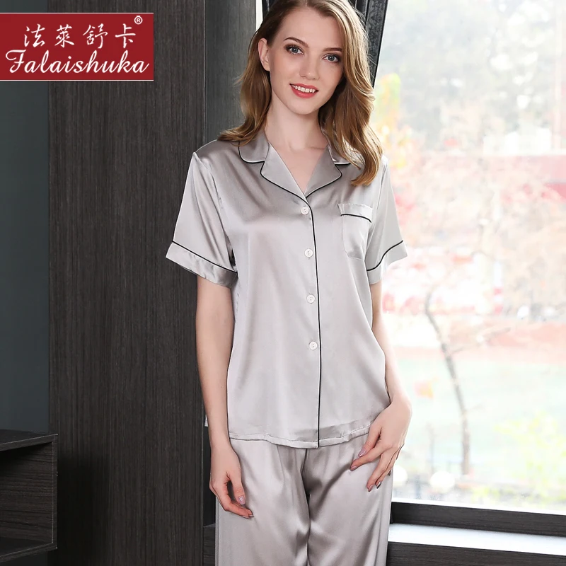 Pyjamas Sets  Woman Summer 100% Silk Stain Short Sleeve Tops and Long Pants Two piece Set  Female Pajama Set Homewear Sleepwear
