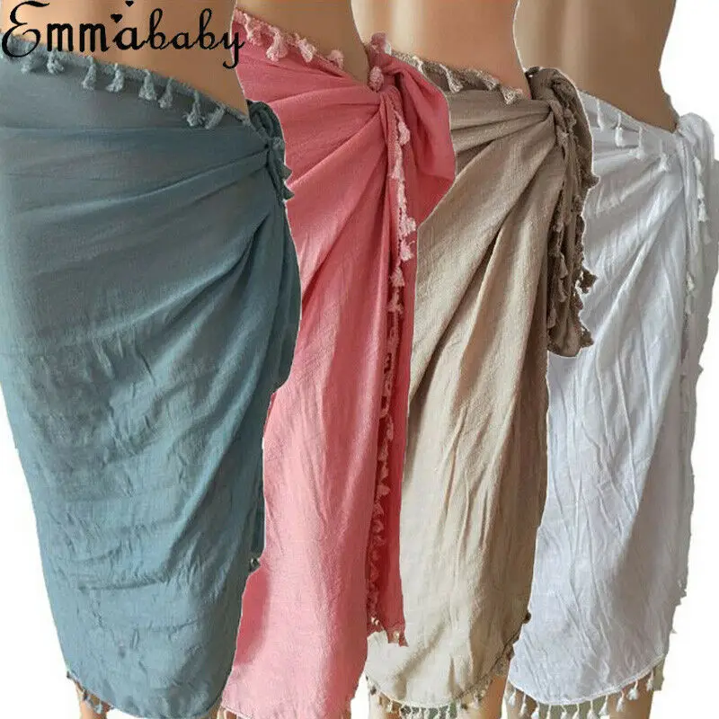 Women Boho Beach Solid Cover Up With Tassel Skirt Ladies Sexy High Waist Bathing Skirts | Женская одежда