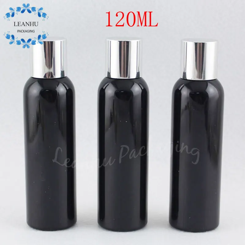 

120 мл черная пластиковая бутылка с Серебряная винтовая крышка, 120CC макияж суб-розлива, Косметическая Вода/тонер упаковочная бутылка