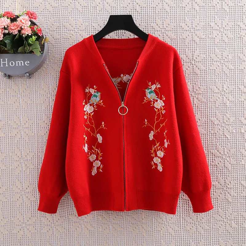 Autumn Winter Luxury Runway Fashion Knitted Sweaters Cardigans Long Sleeve Bird Flowers Embroidered Casual Zipper Tops |