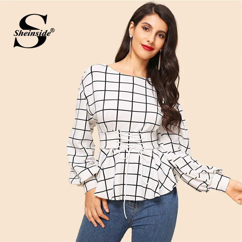 Sheinside, белый корсет, с поясом, блузка в сетку, для женщин, весна, элегантные, с рукавом Бишопа, блузки, повседневные, в клетку, на шнуровке, с отделкой, Топ