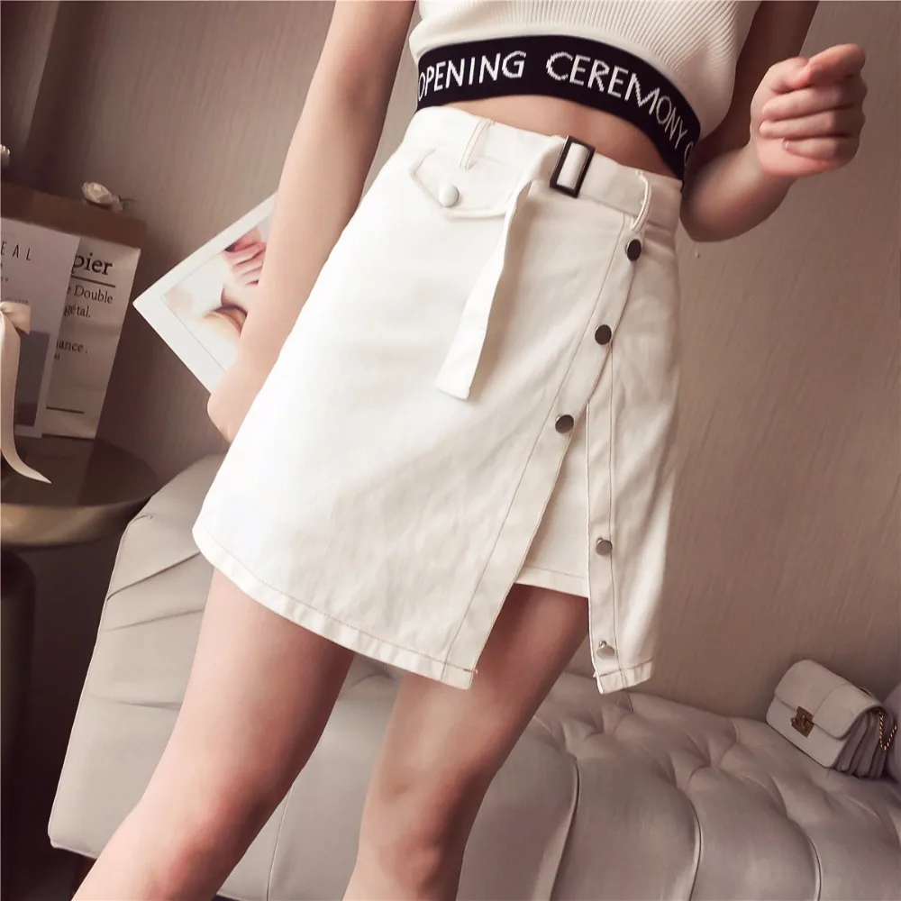Summer Harajuku Jeans Skirt Women 2019 Solid High waist Loose Denim A-Line Short skirts Female Split joint Casual LX105 | Женская одежда