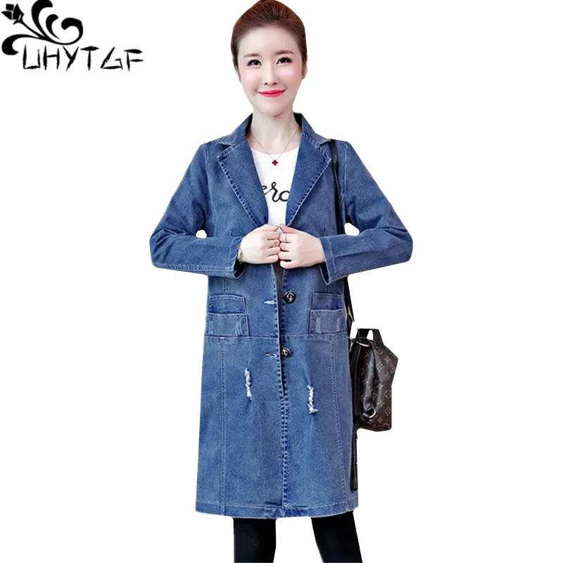 

Женская джинсовая куртка UHYTGF, однотонная свободная ветровка из джинсовой ткани, модная облегающая длинная джинсовая куртка с дырками, моде...