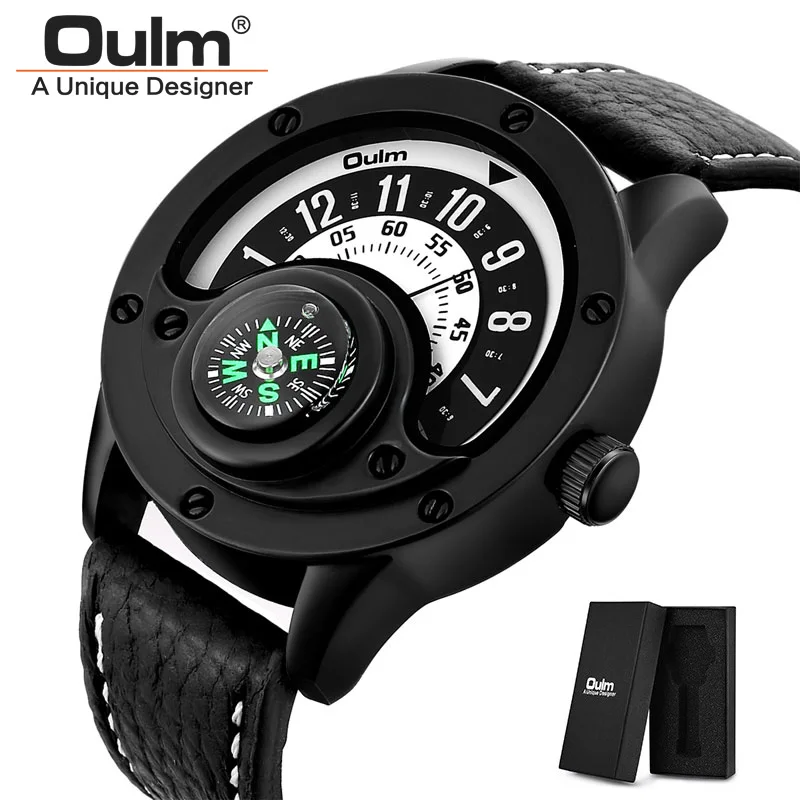 Black(with box) Oulm новые мужские часы с кожаным ремешком повседневные аналоговые наручные часы мужские модные кварцевые часы для мужчин часы Relogio Masculino - Цвет: Black(with box)