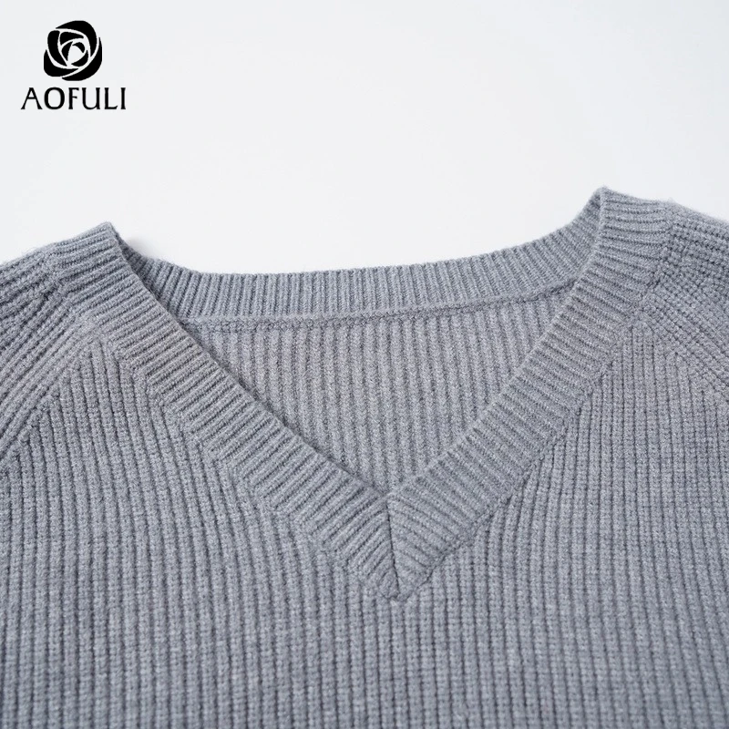 AOFULI Chic Plus Размеры Для женщин серый свитер трикотажный пуловер укороченный топ