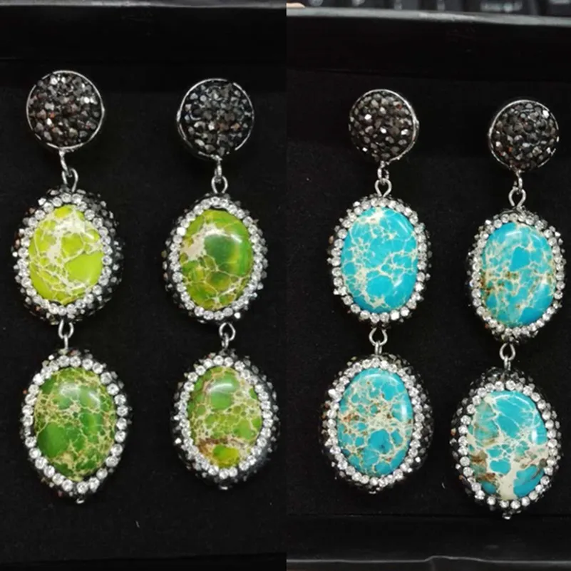 Natural 3 color double oval green blue stone gem beads charm paved rhinstones long drop dangle earring for women | Украшения и