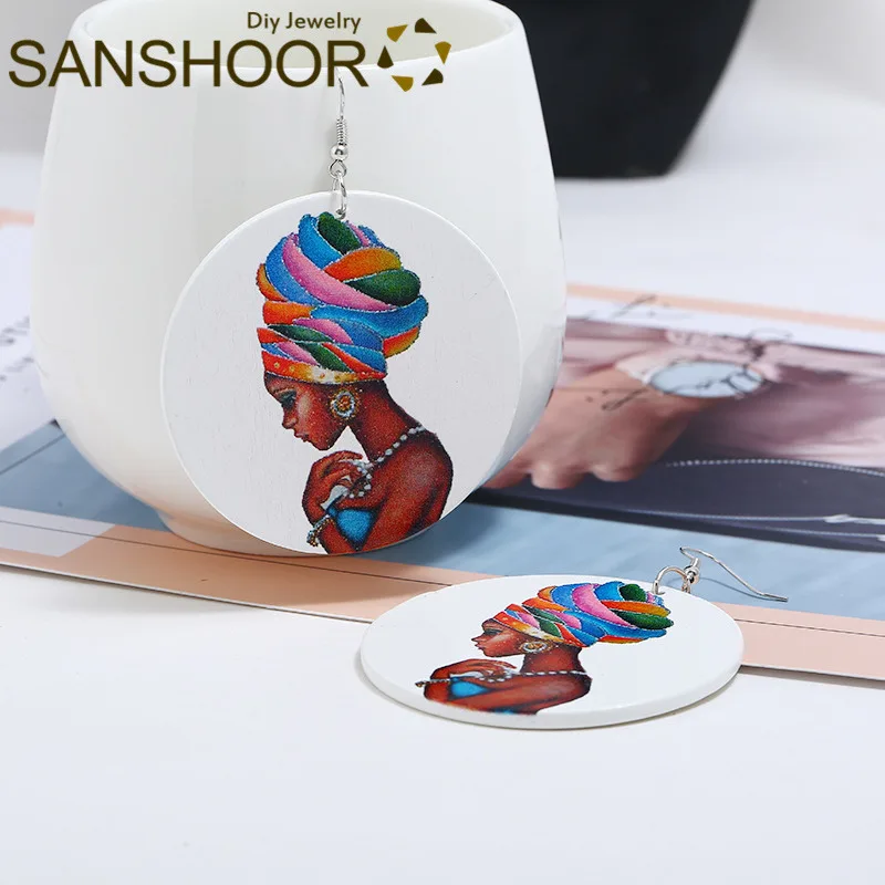 SANSHOOR/оптовая продажа африканские деревянные висячие серьги с принтом Черная