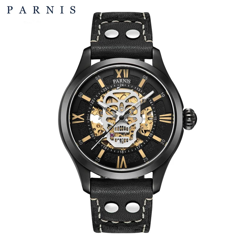 

Fashion Parnis 42mm Black PVD Case Mechanical Luminous Man Watches Skull Design Sapphire Glass Men Automatic Watch reloj hombre