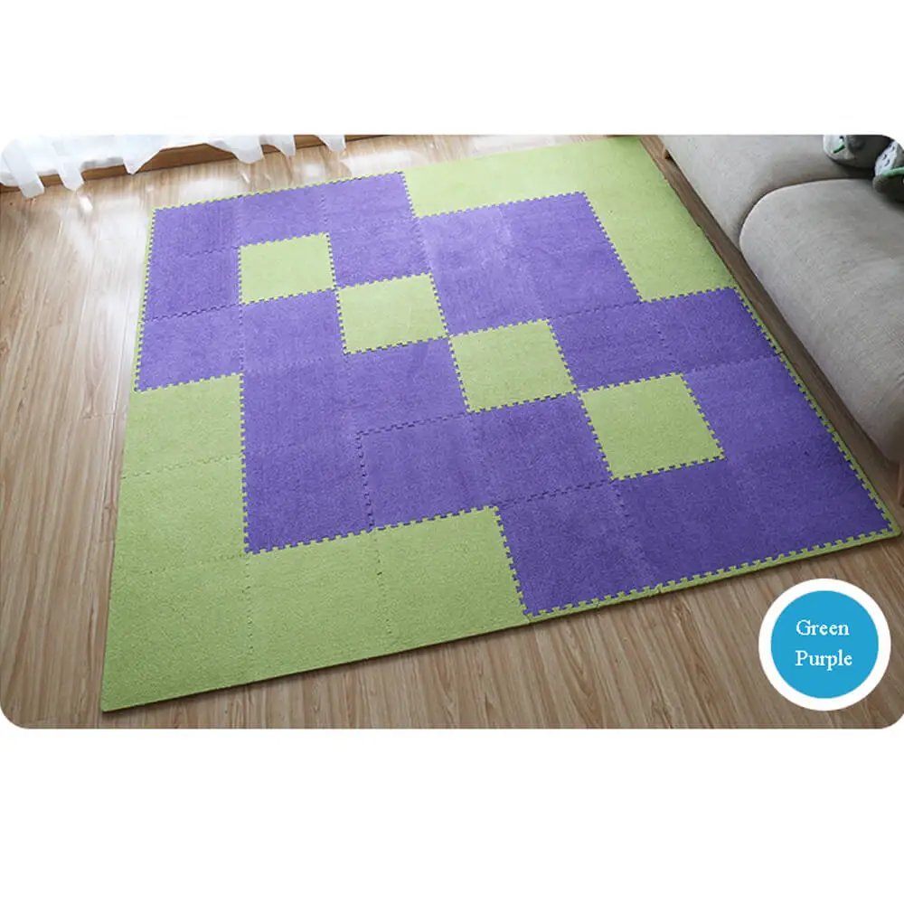 Green-Purple Поплавки-приманки из мягкой пены EVA на меху с коротким ворсом головоломка детский игровой коврик кирпечей из глины теплые домашние тапочки из плюша для коврик гимнастический коврик Гостиная татами 30X30X1 см краями 9/16/20 шт - Цвет: Green-Purple