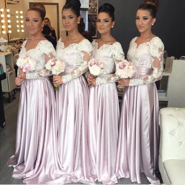 Pink as picture Длинное атласное платье трапециевидной формы с v-образным вырезом и длинными рукавами Свадебные праздничные платья кружевной одежды для подружки невесты с аппликацией Robe hond'honneur - Цвет: Pink as picture