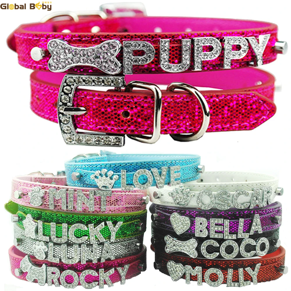 Яркая ПУ Кожа 10ММ Собачий Индивидуальный Ошейник Ожерелье Со Стразами Пряжкой и