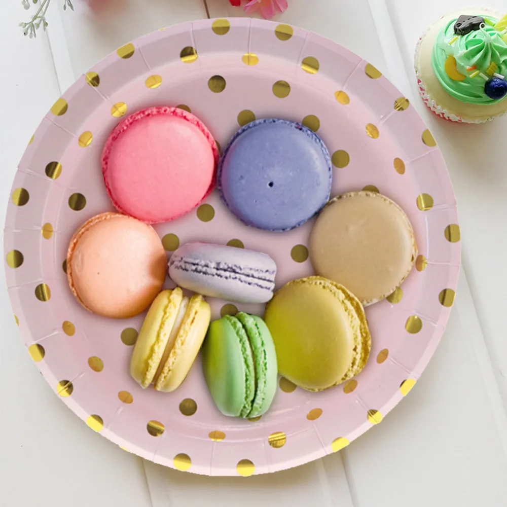 Gold Dot Pink Disposable Paper Tableware Sets Plates Cups Utensils Gift Bags Plate Wedding Birthday Party Decor | Дом и сад