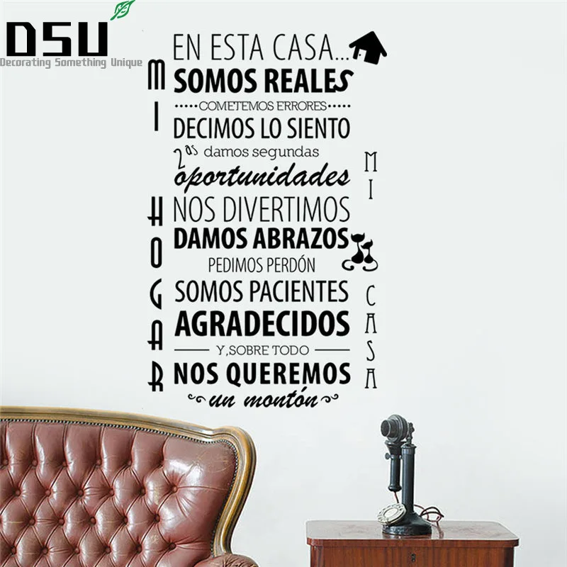 

In This House Wall Stickers Spanish Text Home Decor Living Room Wall Decals Vinyl Removable Character Sticker Wallpaper