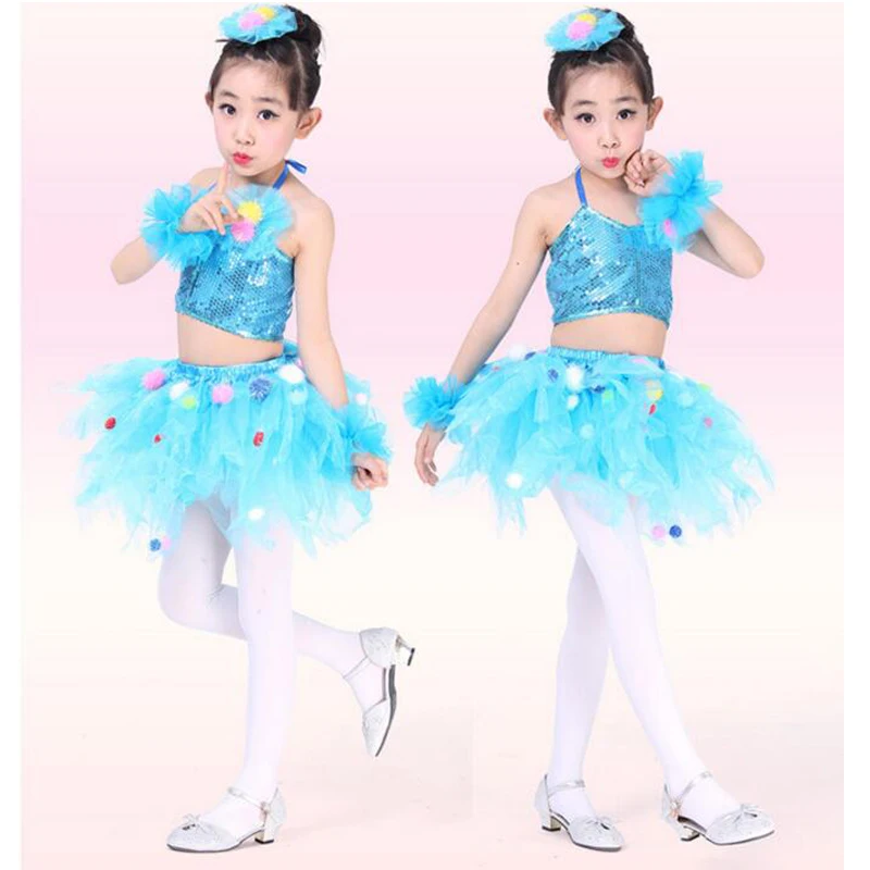 Kids Sequined Hip Hop Ballet dancewear costumes Girls Ballroom Party Tops+Skirt Jazz dance tutu dress performance dancing | Тематическая