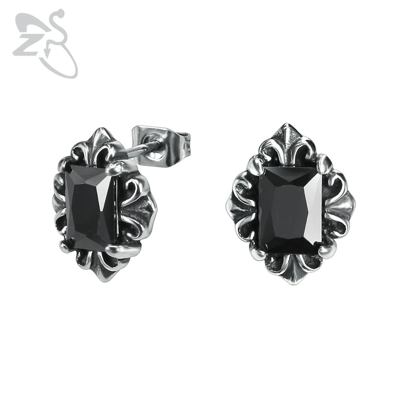 

ZS Black Cubic Zirconia Punk Stud Earrings for Men Gothic Ear Stud Jewelry 2019 Hip Hop Earring Male Biker Accessories 1 Pair