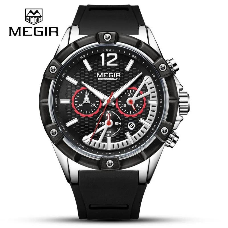 Black silver MEGIR мужские спортивные часы с хронографом водонепроницаемые кварцевые часы силиконовые многофункциональные Светящиеся Наручные часы Relogio Masculino - Цвет: Black silver