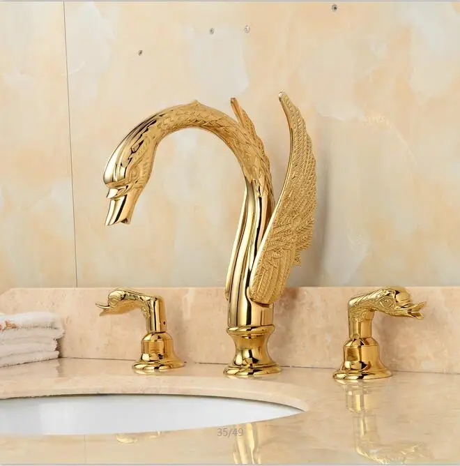 Wholesale And Retail Brand NEW Deck Mounted Bathroom Faucet Swan Spout Sink Mixer Tap Golden Brass 3 Holes H1195 | Обустройство дома