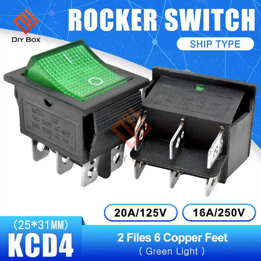 ON-OFF 6Pin Green KCD4 клавишная кнопка выключателя питания ВКЛ-ВЫКЛ/ВКЛ-ВЫКЛ-ВКЛ 2/3 положение 4/6 Pin электрическое оборудование со световым выключателем лодки 16A 250 В - Цвет: ON-OFF 6Pin Green