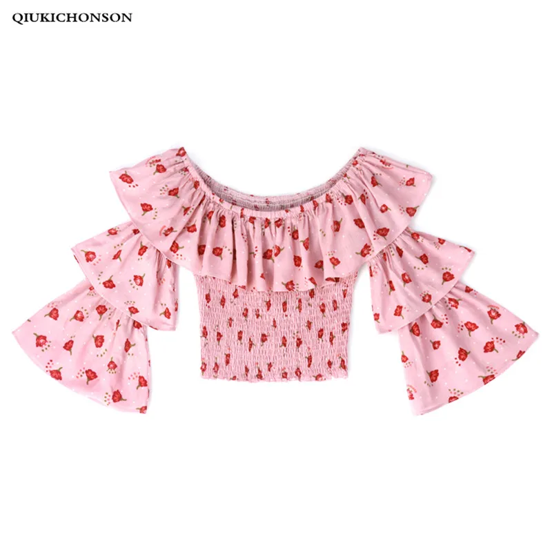 

Sweet Cute Flower Print Floral Off Shoulder Crop Tops Ladies 2019 Spring Summer Women Stretchy Fitness Ruffle Chiffon Blouses