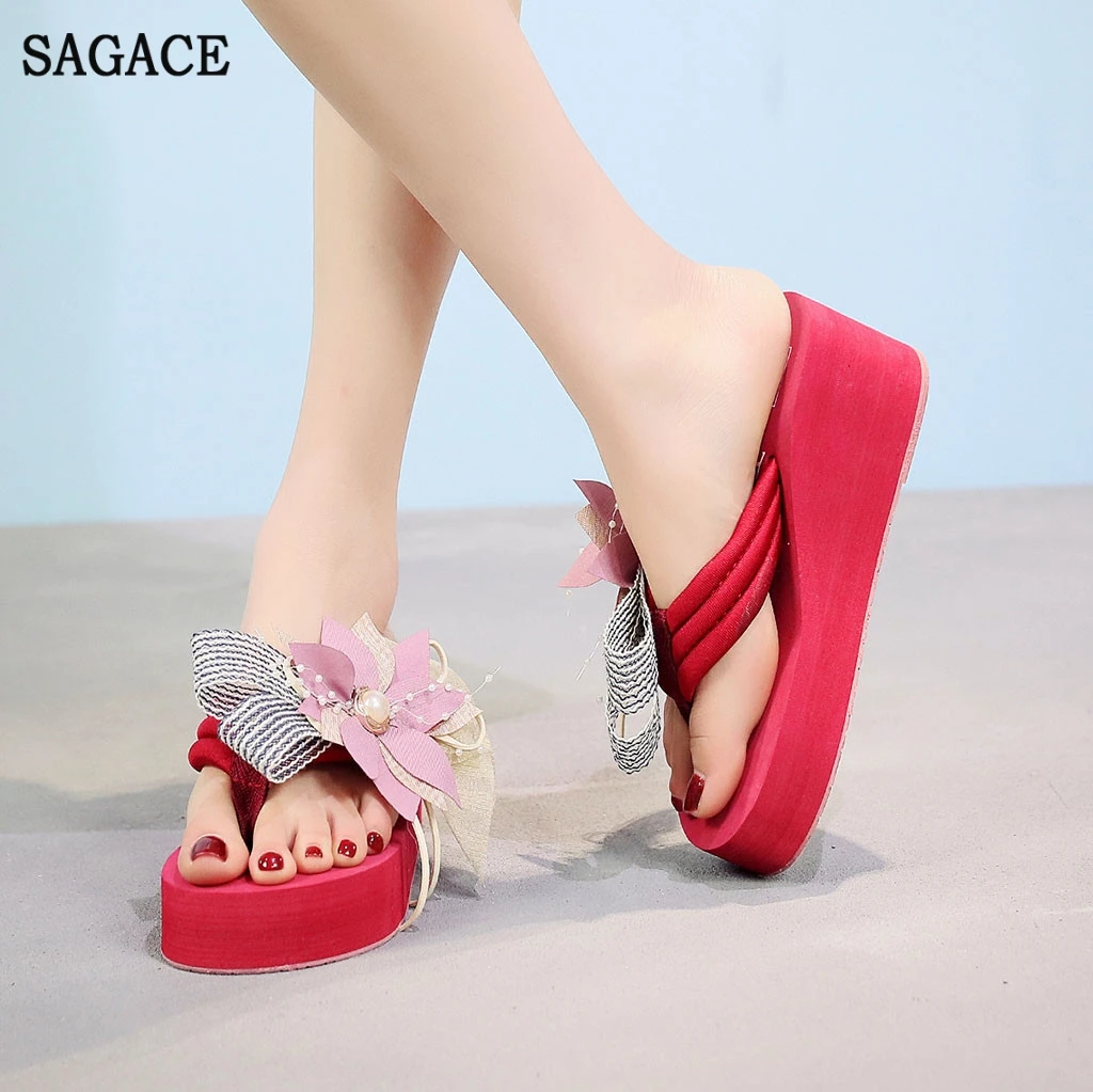 SAGACE/женские вьетнамки на танкетке с цветочным узором в богемном стиле пикантная