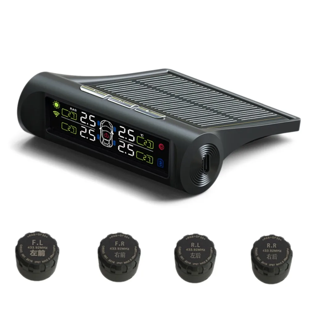 Solar Panel Alarm Car TPMS Tyre Pressure Monitor Monitoring Power charging Digital LCD Display Auto Security Systems | Автомобили и