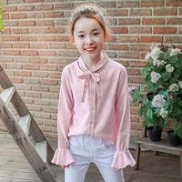 dfxd korean style children clothing 2018 spring girls blouse kids long flare sleeve striped bowknot single breasted pink shirt
