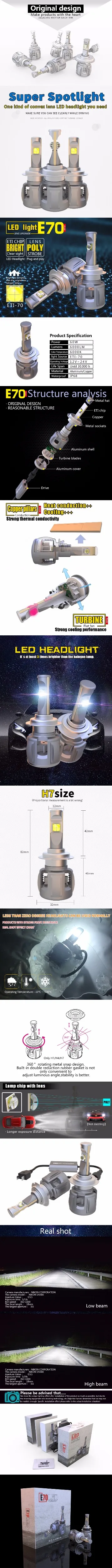 1 комплект H7 60 Вт 6000лм E70 светодиодный фонарь передняя линза лампы ETI-70 4SMD чипы турбо вентилятор белый 6000 К для вождения противотуманных фар 120 Вт 12000лм
