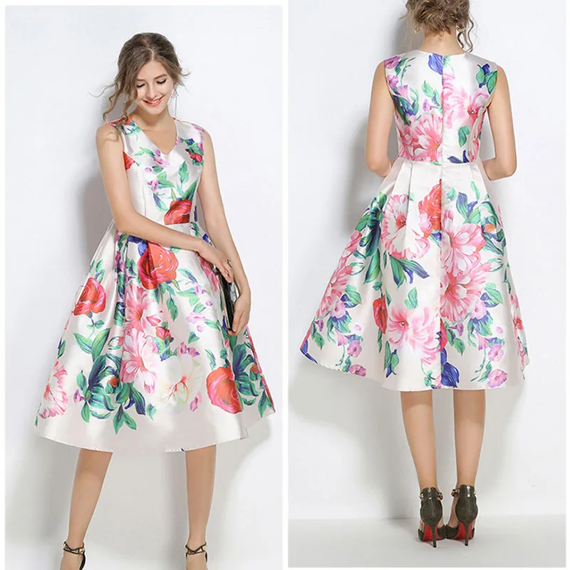 2017 новое модное летнее платье Европейский женский винтажный цветочный принт без