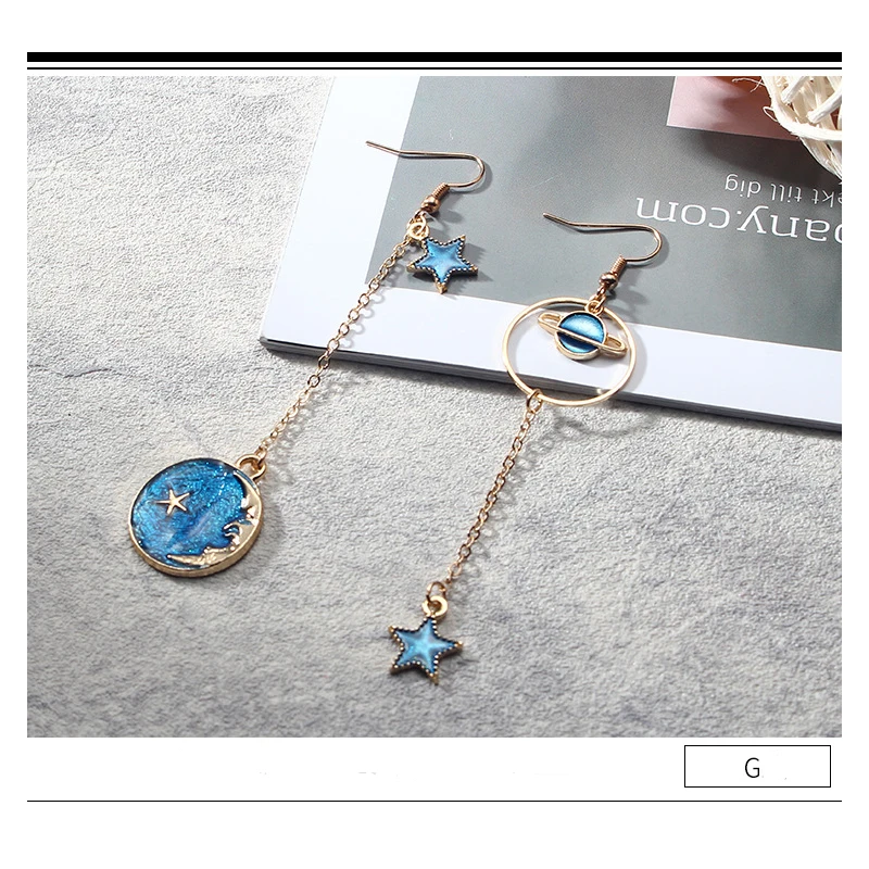 Women Blue Metal Asymmetric Geometry Starry Moon Planet Stud Earrings Long Wild Sweet Jewelry Eardrop One size | Украшения и