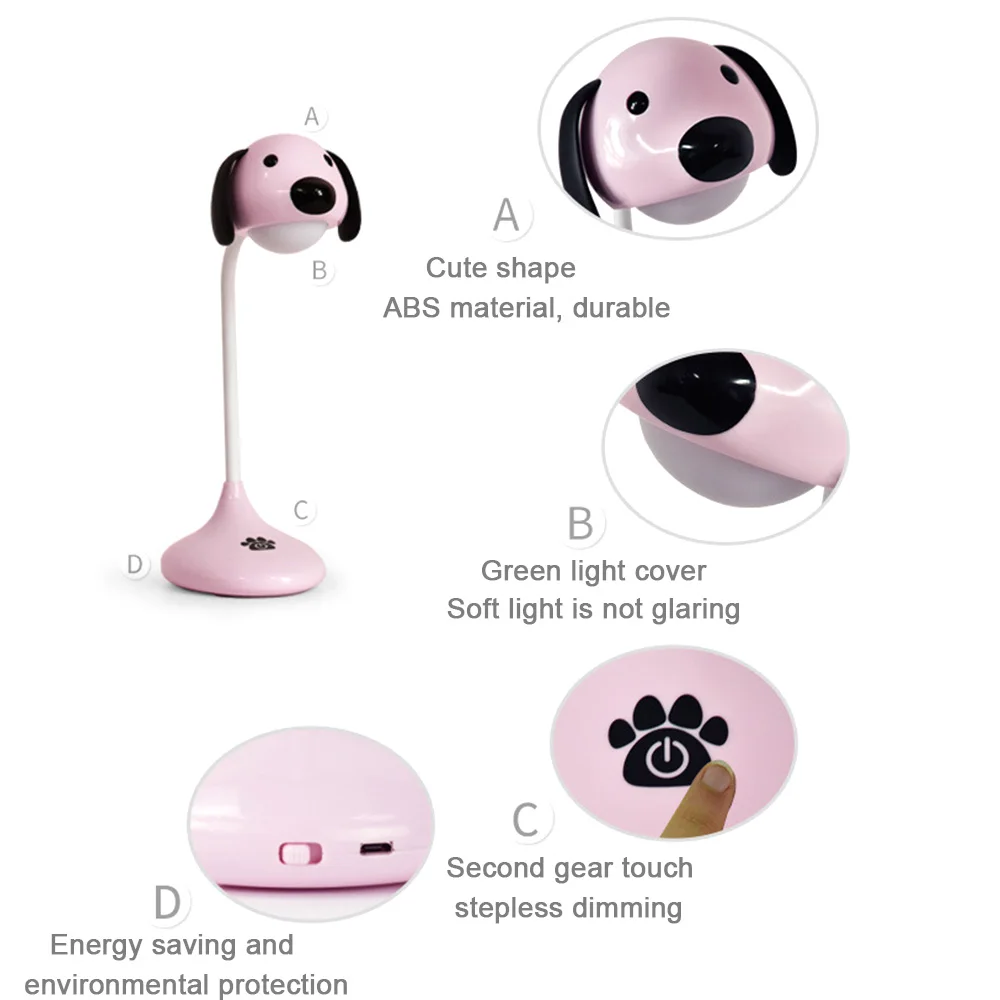 

Cute puppy pattern Flexible Desk Lamp with Night Light Touch switch Dimmer Rechargeable Battery Desk Light USB LED Table Lamps